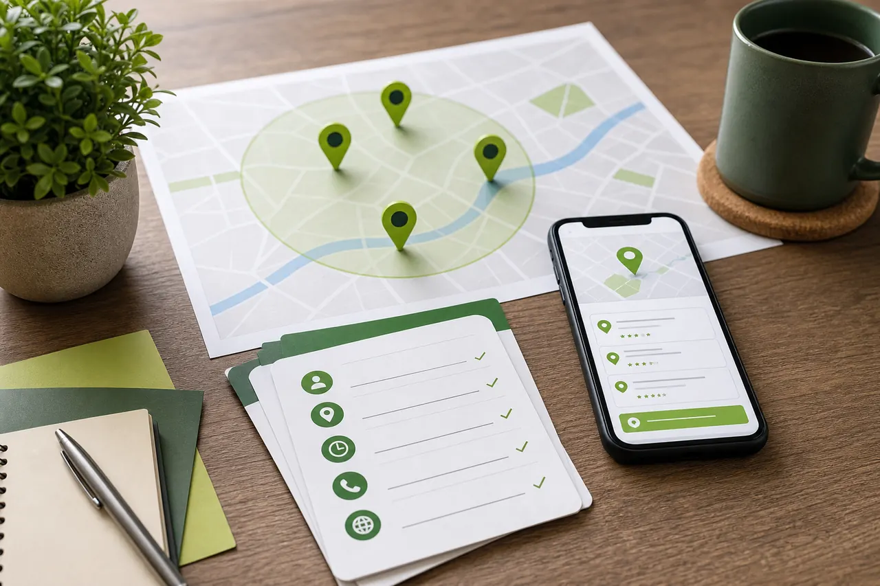 Service-area planning notes and location pins
